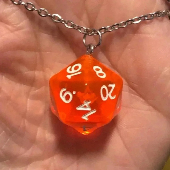 Mama Bling Jewelry - Orange 20 Sided Die D&D Dungeons and Dragons Stainless Steel Necklace